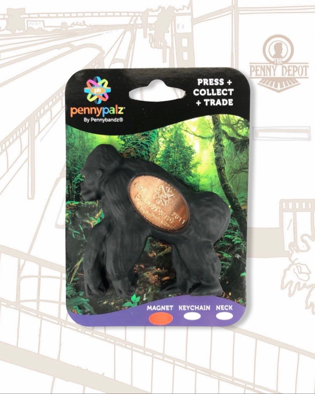Tiny the Gorilla PennyPalz Pennybandz - Pressed Penny Magnet - Keychain - Necklace